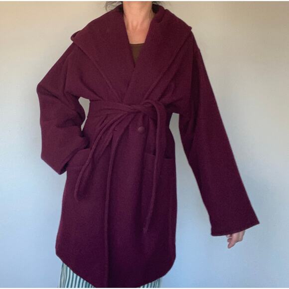 Red Wine, Vintage Winter Coat with Hood, Belt, and Bell Sleeves